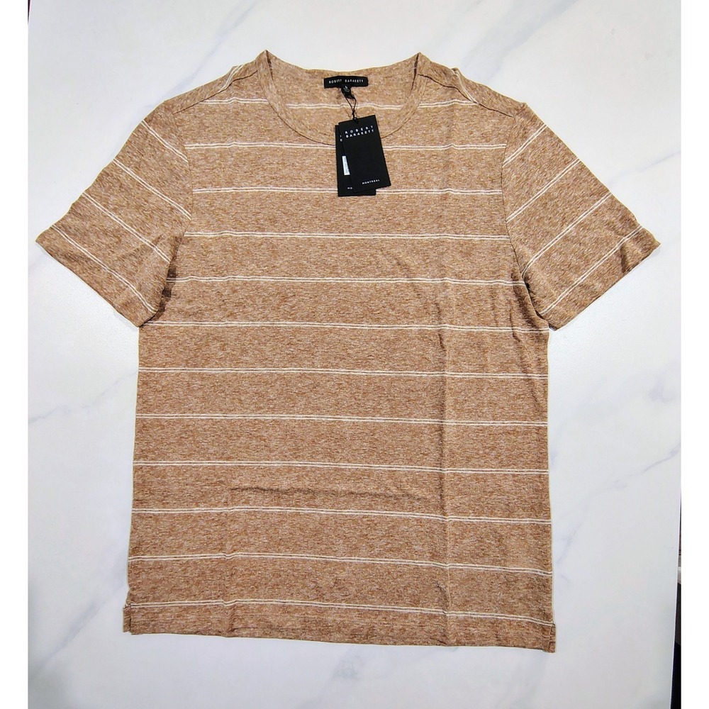 ROBERT BARAKETT Crew Neck T Shirt Brown Linen Blend Mens  Striped Size Large NWT